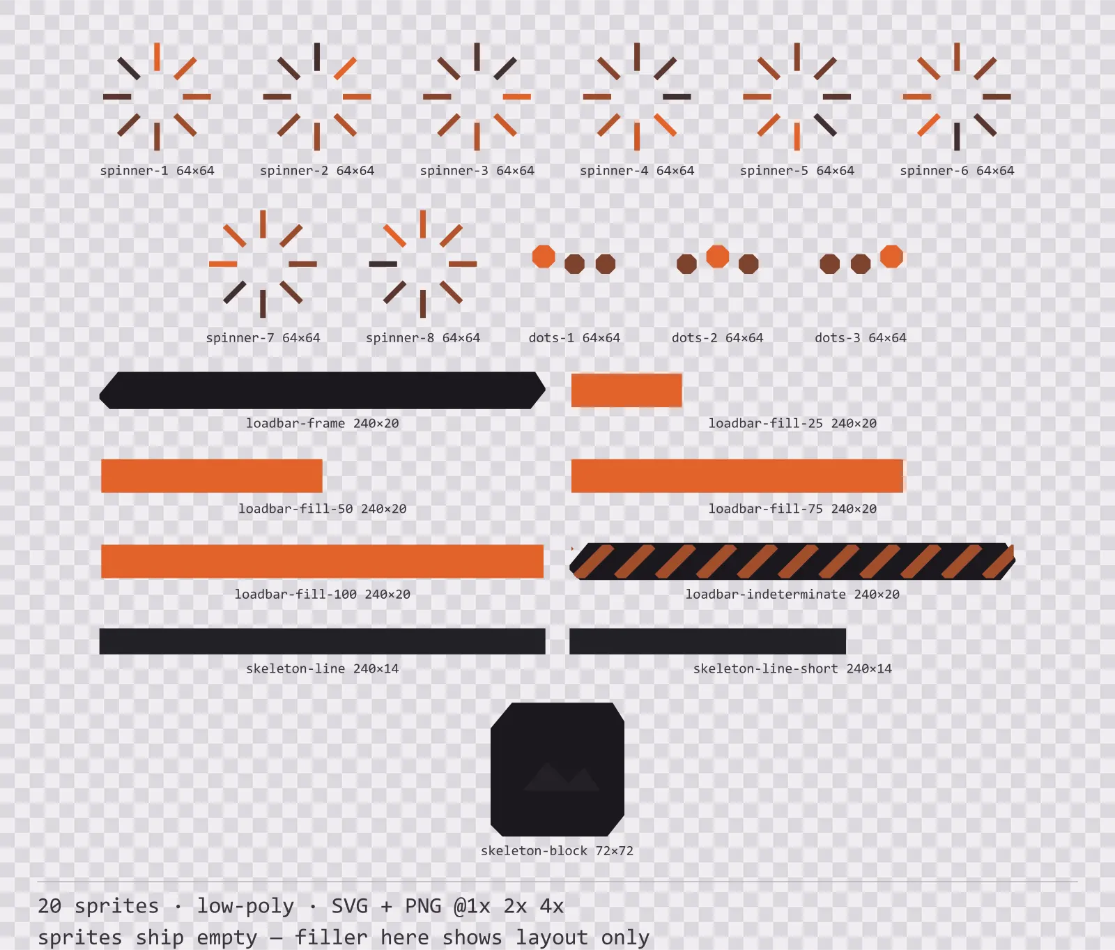 Sheet showing 20 low-poly loading and waiting indicators from the Basalt family, arranged on a transparency checkerboard with their pixel sizes printed underneath
