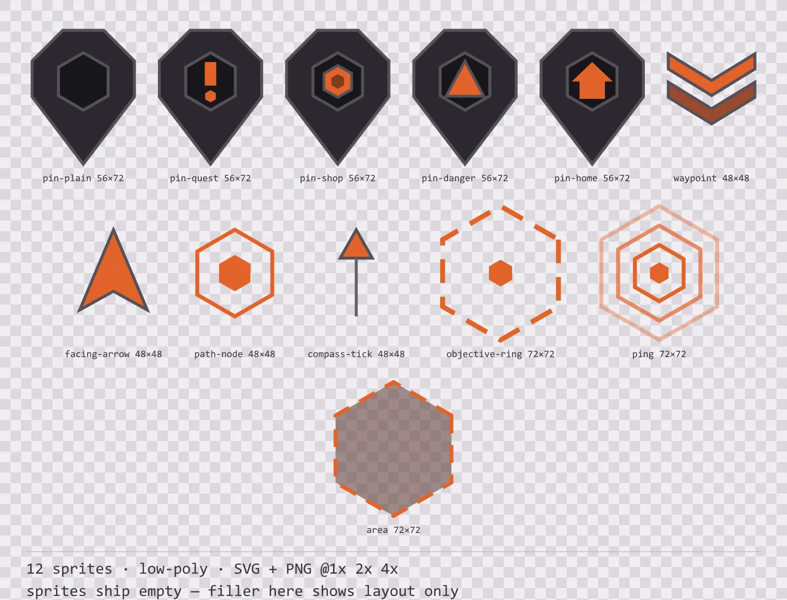 Sheet showing 12 low-poly map markers and world indicators from the Basalt family, arranged on a transparency checkerboard with their pixel sizes printed underneath