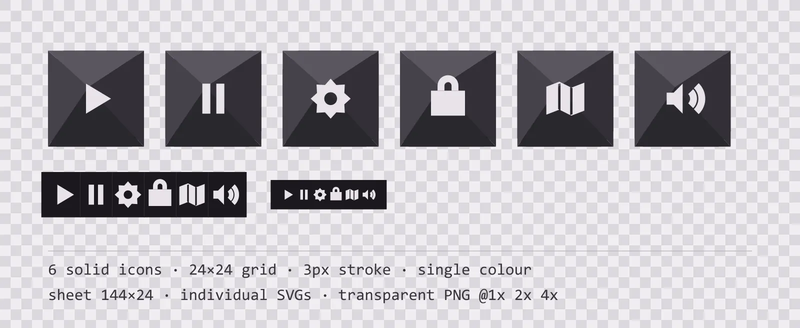Six solid game menu icons on volcanic rock tiles, shown large, laid out on a sheet grid, and again at actual 24 pixel size
