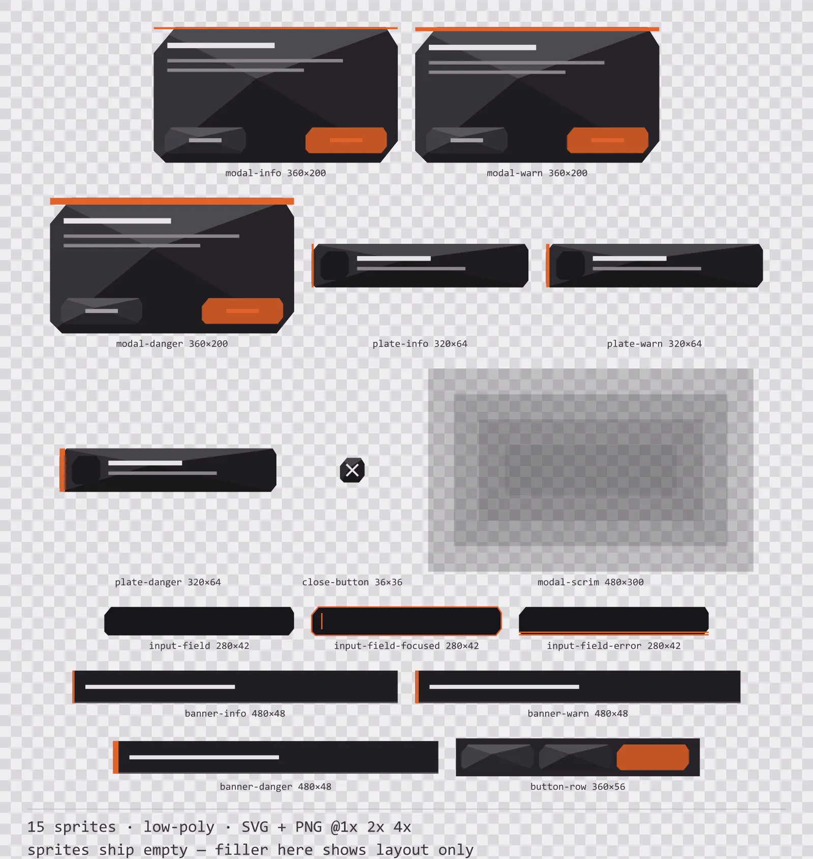Foglio con 15 finestre modali e avvisi di sistema (low-poly) della famiglia Basalt, disposti su una scacchiera di trasparenza con le misure in pixel scritte sotto