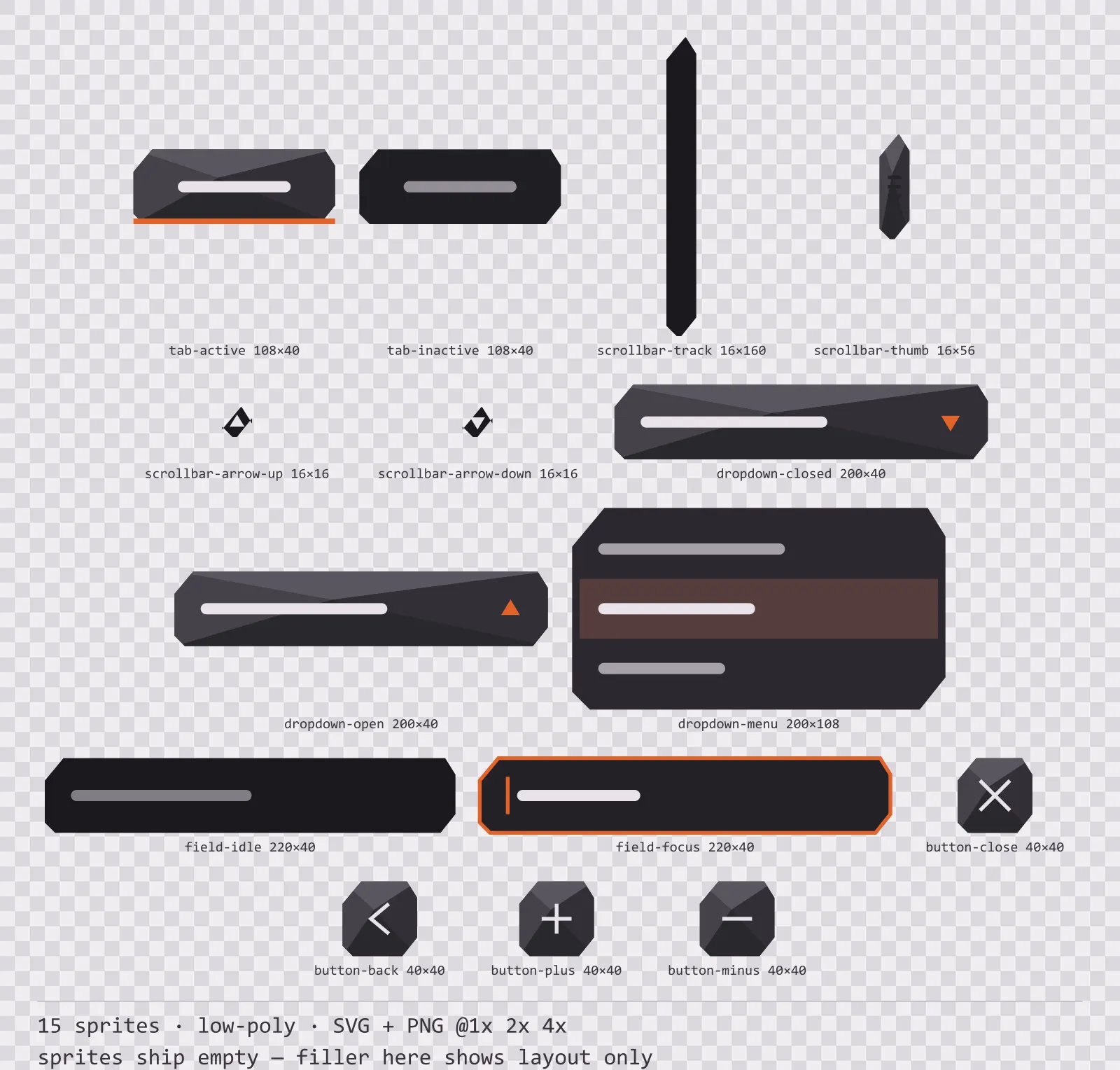 Sheet showing 15 low-poly navigation and input components from the Basalt family, arranged on a transparency checkerboard with their pixel sizes printed underneath