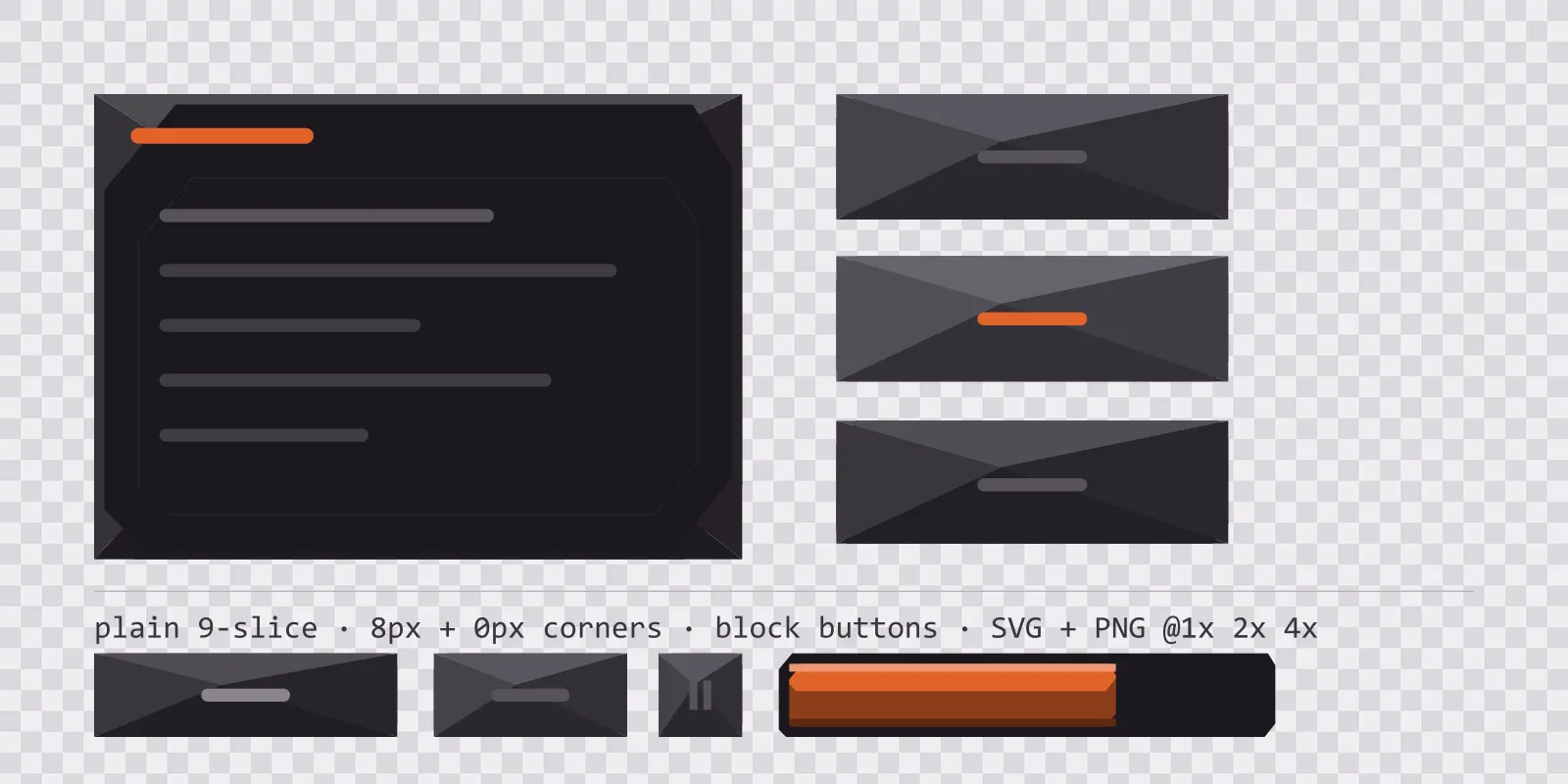 volcanic rock game menu panel with a magma orange title strip and a recessed list area, next to a column showing the same square button in default, outlined hover and pushed-in pressed states