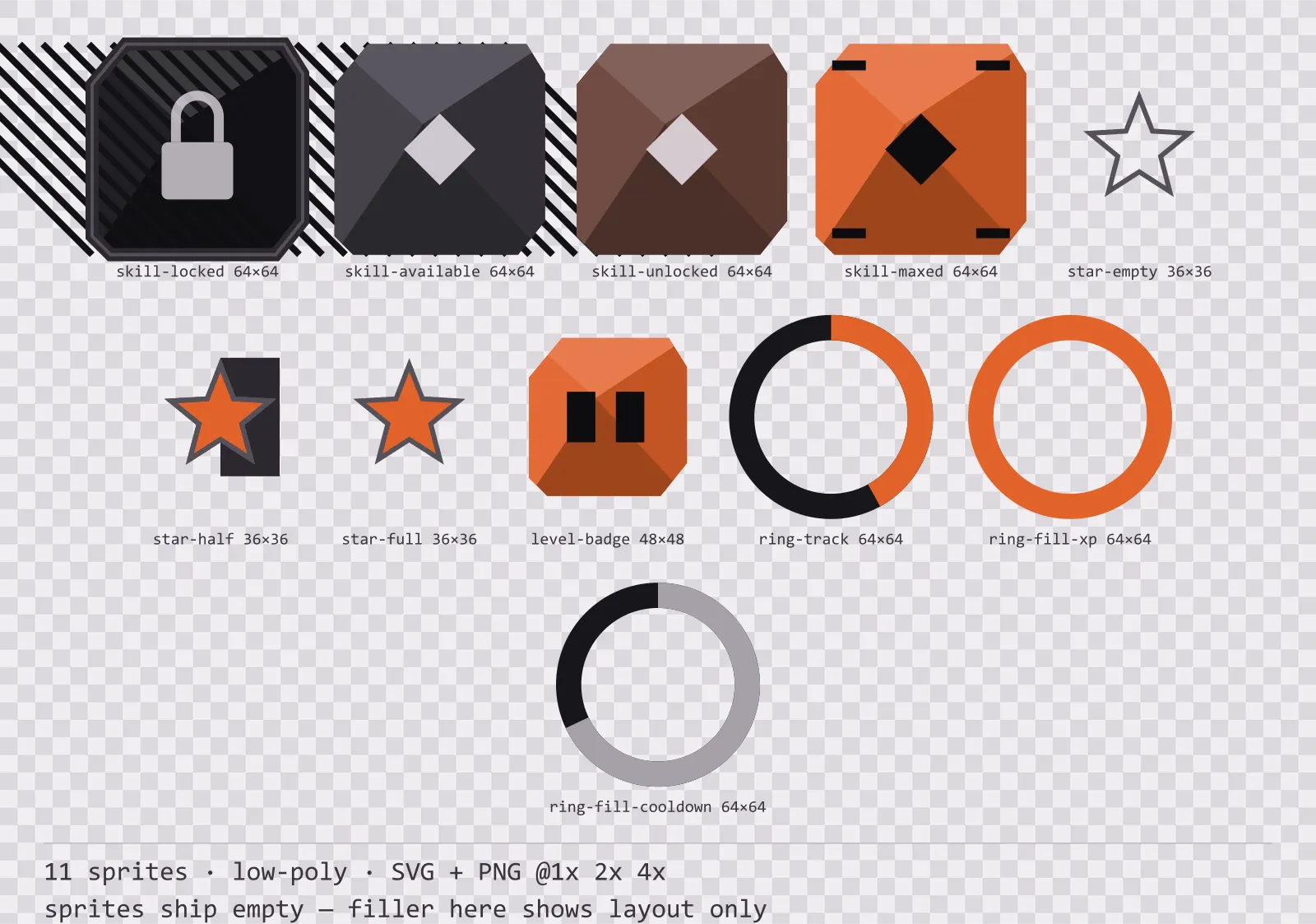Sheet showing 11 low-poly progression and reward components from the Basalt family, arranged on a transparency checkerboard with their pixel sizes printed underneath