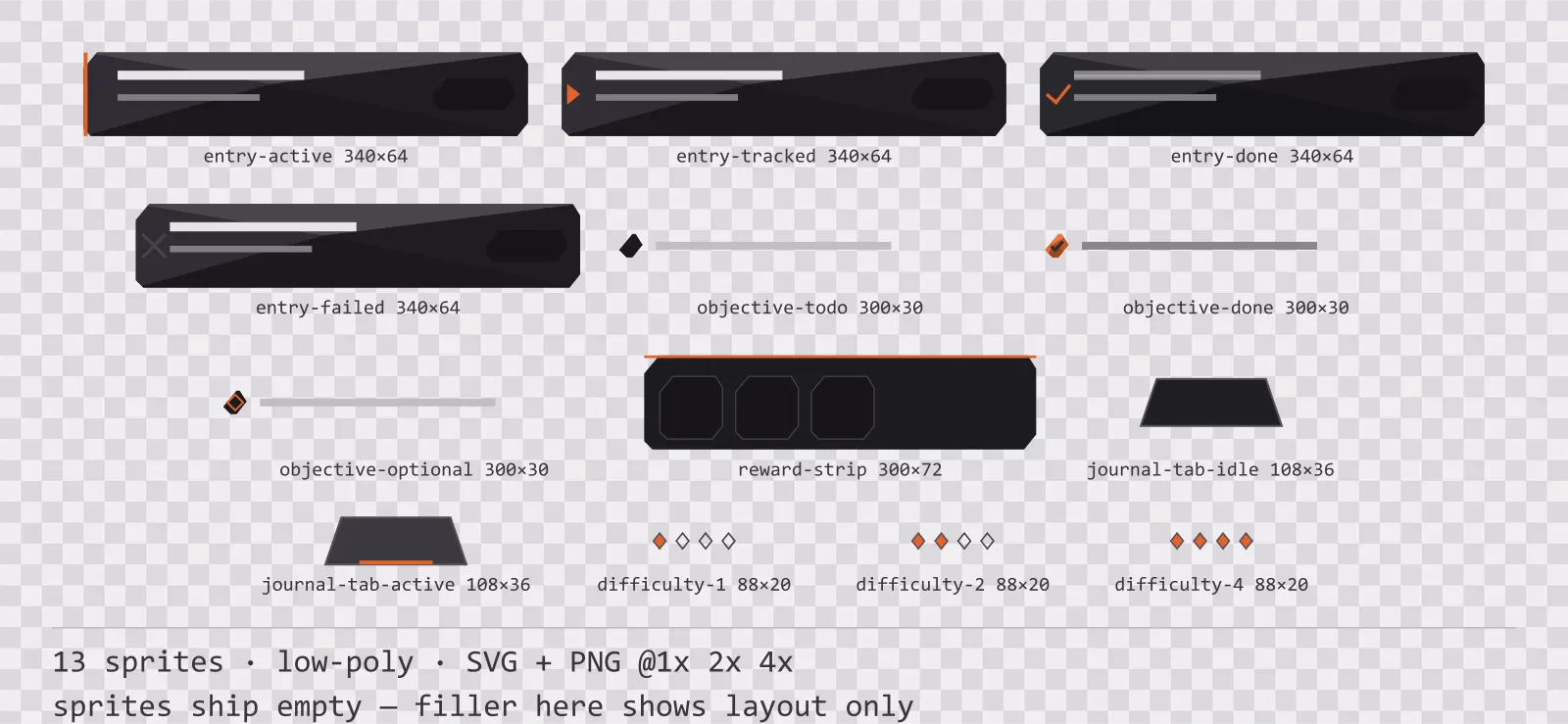 Sheet showing 13 low-poly quest log and objective widgets from the Basalt family, arranged on a transparency checkerboard with their pixel sizes printed underneath