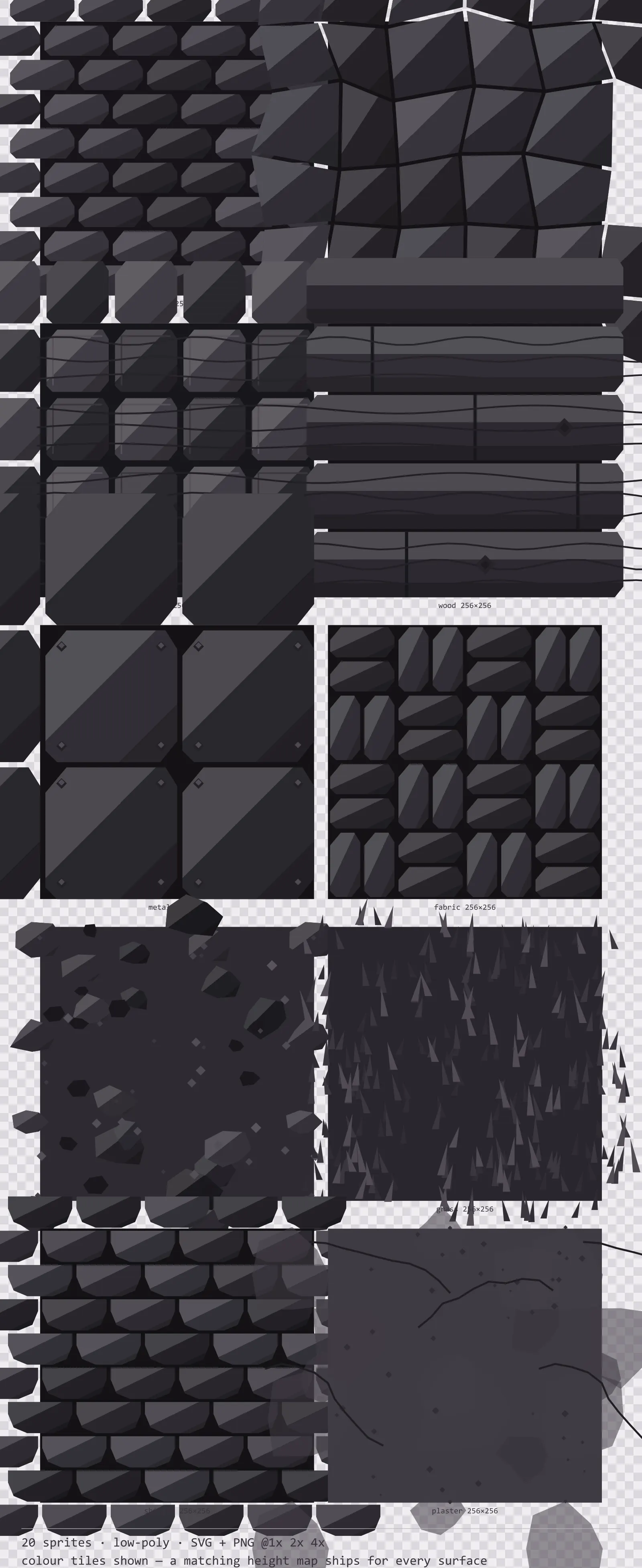 Sheet showing 20 low-poly tiling surface textures from the Basalt family, arranged on a transparency checkerboard with their pixel sizes printed underneath