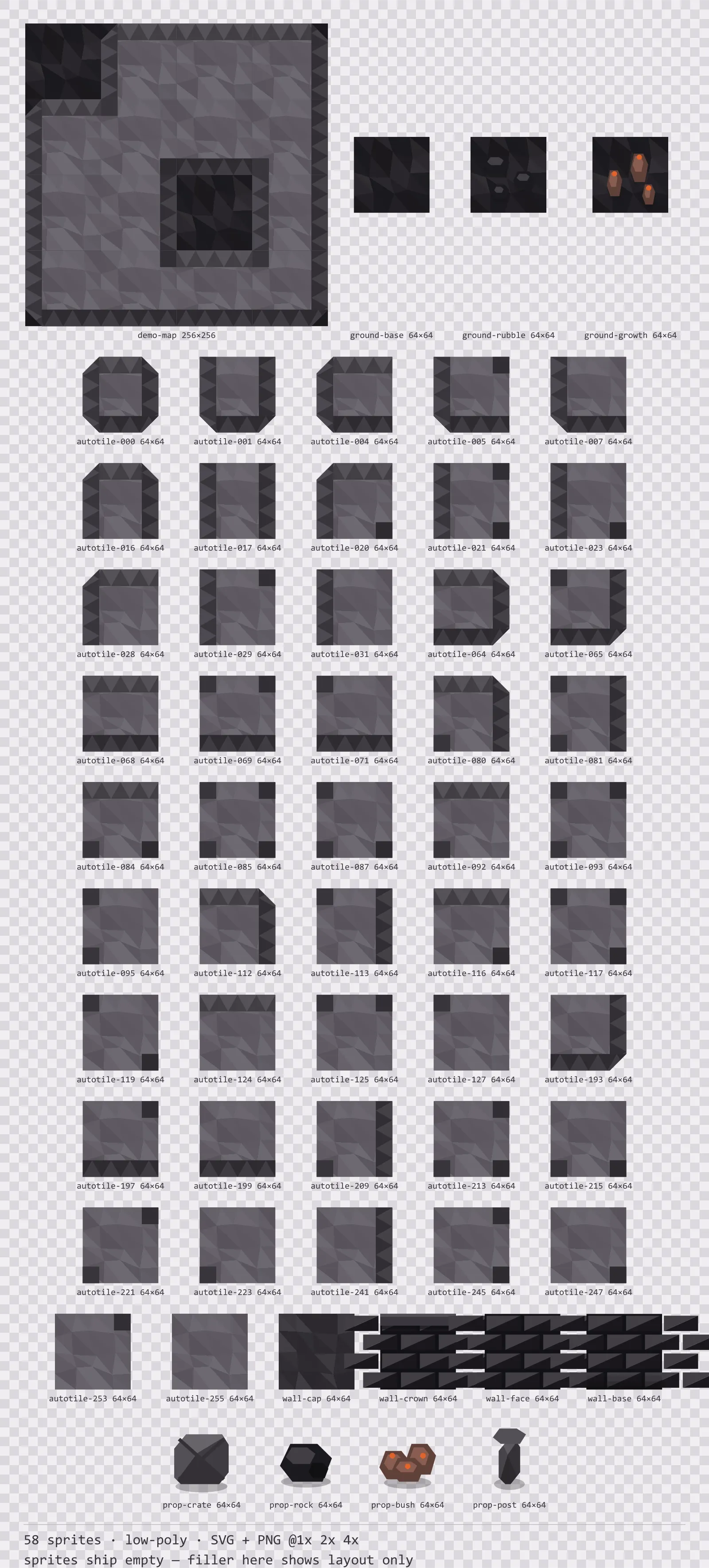 Sheet showing 58 low-poly tiles from the Basalt family, arranged on a transparency checkerboard with their pixel sizes printed underneath