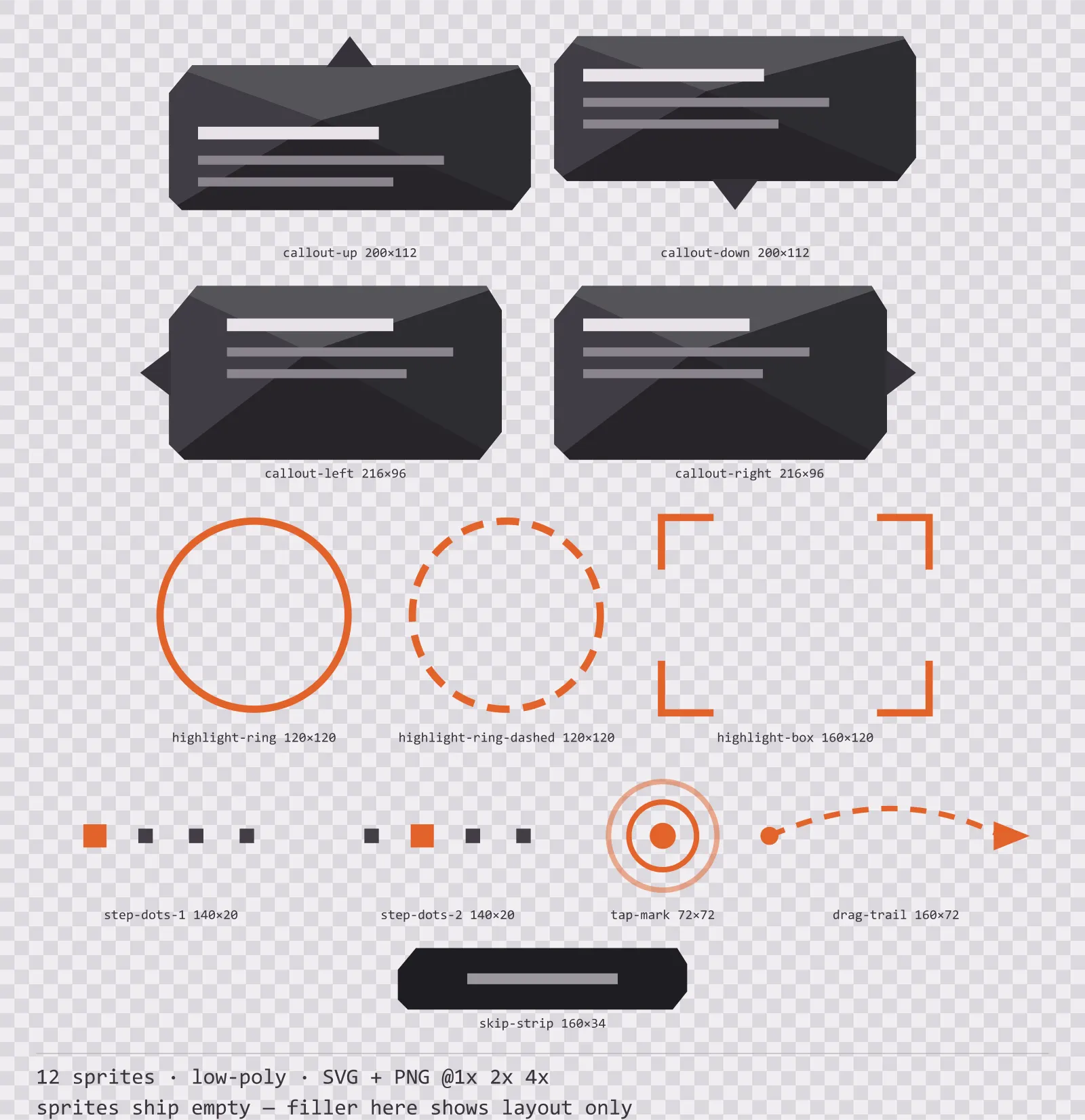 Sheet showing 12 low-poly tutorial and onboarding markers from the Basalt family, arranged on a transparency checkerboard with their pixel sizes printed underneath