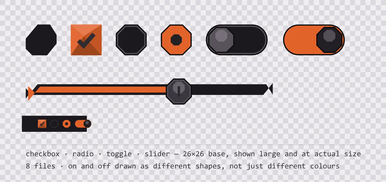 Game settings controls on a checkerboard background — an empty and a ticked checkbox, an unselected and a selected radio button, a toggle switch shown off and on, and a slider track with its knob