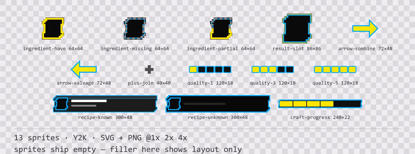 Sheet showing 13 Y2K crafting and recipe widgets from the Bitrush family, arranged on a transparency checkerboard with their pixel sizes printed underneath