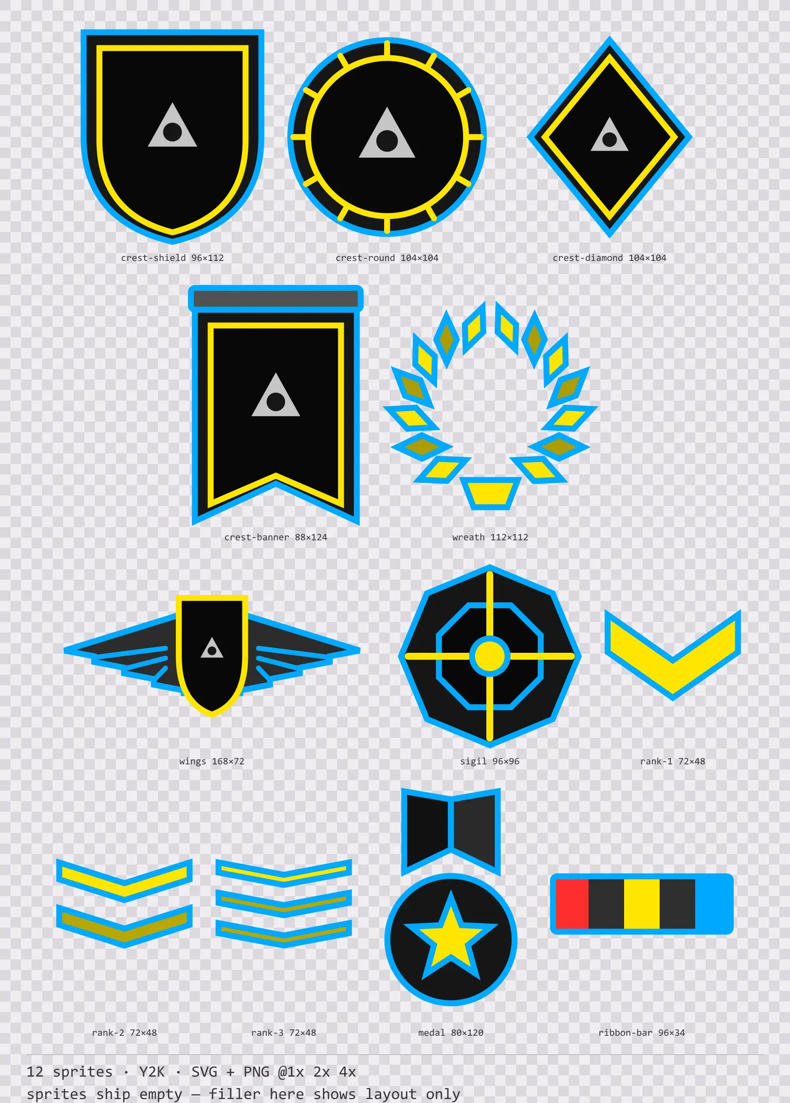 Sheet showing 12 Y2K crests, insignia and rank marks from the Bitrush family, arranged on a transparency checkerboard with their pixel sizes printed underneath