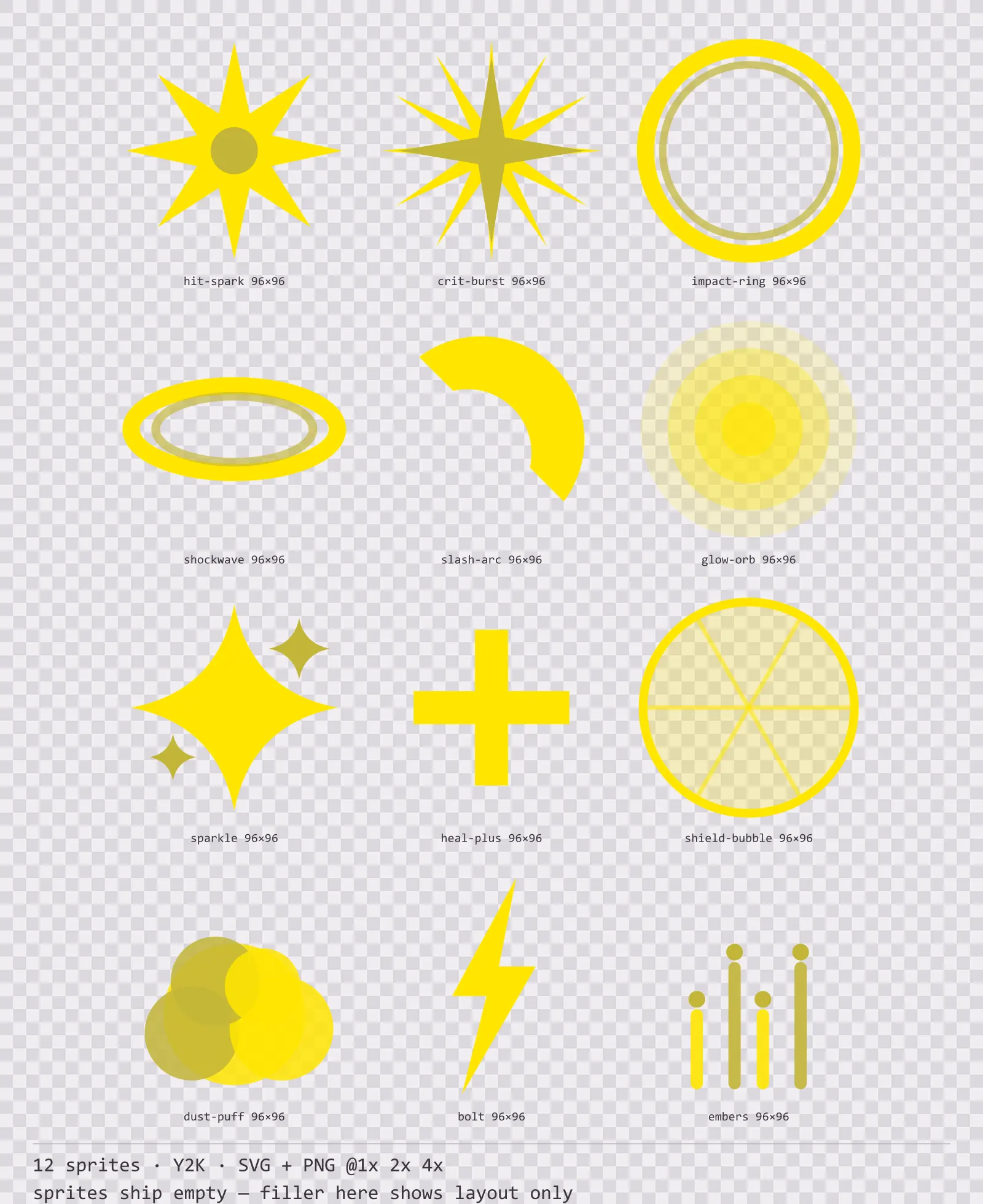 Sheet showing 12 Y2K impact and effect sprites from the Bitrush family, arranged on a transparency checkerboard with their pixel sizes printed underneath