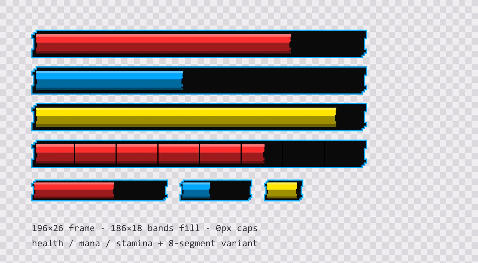 Three horizontal game status bars stacked on a checkerboard background, filled to different levels for health, mana and stamina, with a segmented 8-notch bar and three smaller bars beneath them