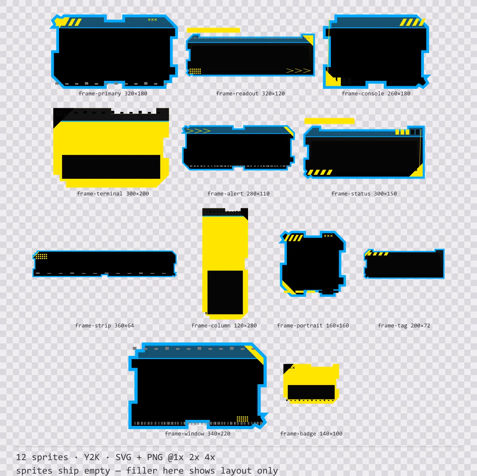 Sheet showing 12 Y2K HUD frames from the Bitrush family, arranged on a transparency checkerboard with their pixel sizes printed underneath