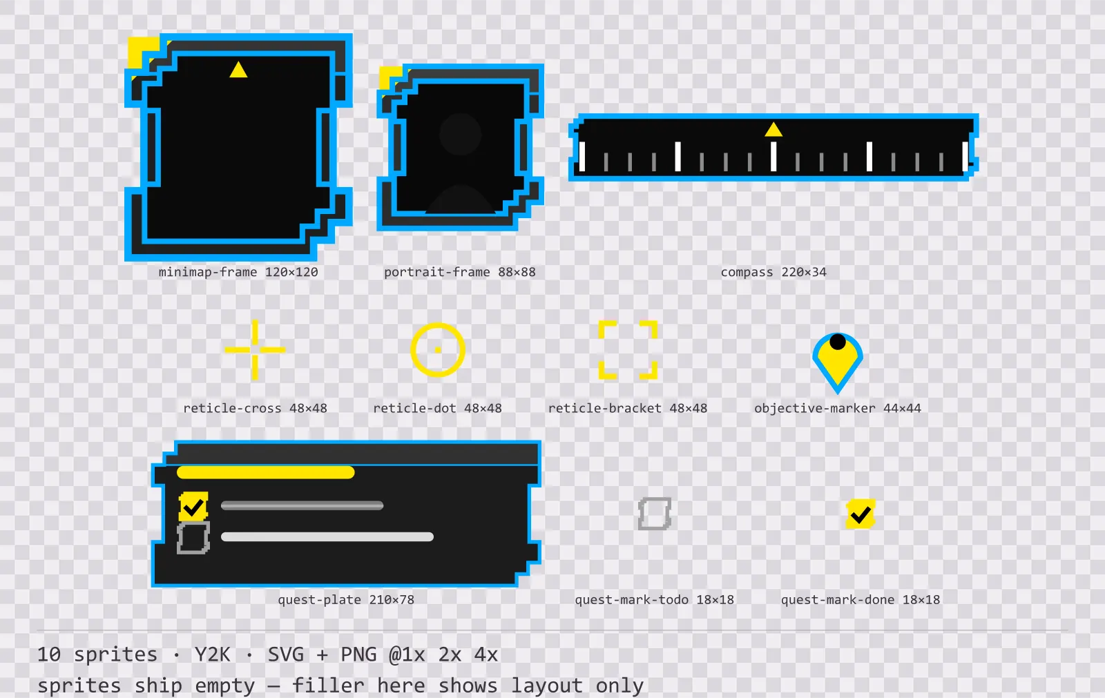 Sheet showing 10 Y2K heads-up display frames from the Bitrush family, arranged on a transparency checkerboard with their pixel sizes printed underneath