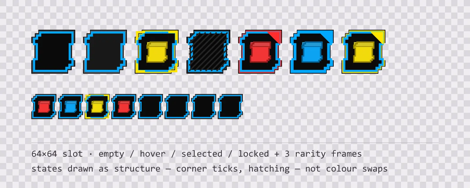 A row of square game inventory slots on a checkerboard background showing empty, hover, selected with corner ticks, and diagonally hatched locked states, followed by coloured rarity frames and a tiled eight-slot grid