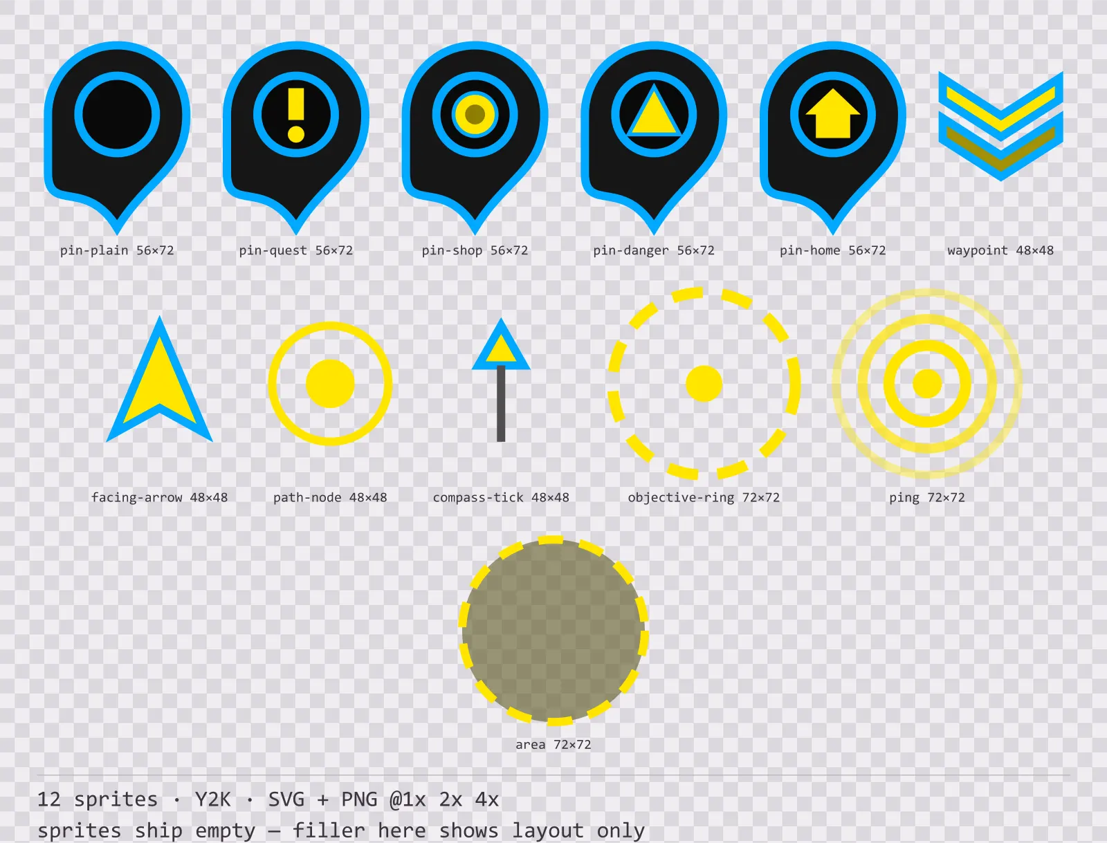 Sheet showing 12 Y2K map markers and world indicators from the Bitrush family, arranged on a transparency checkerboard with their pixel sizes printed underneath