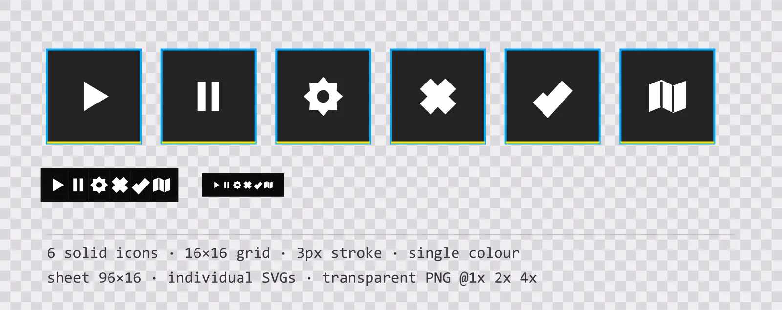 Six solid game menu icons on Y2K poster tiles, shown large, laid out on a sheet grid, and again at actual 16 pixel size