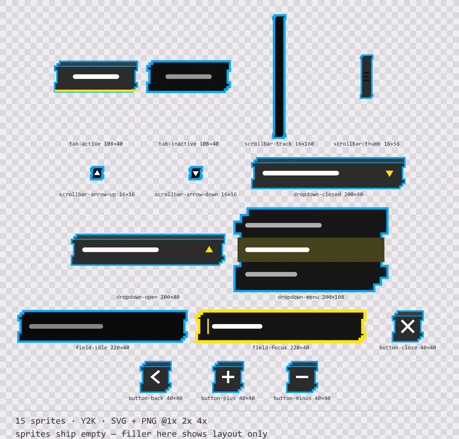 Sheet showing 15 Y2K navigation and input components from the Bitrush family, arranged on a transparency checkerboard with their pixel sizes printed underneath