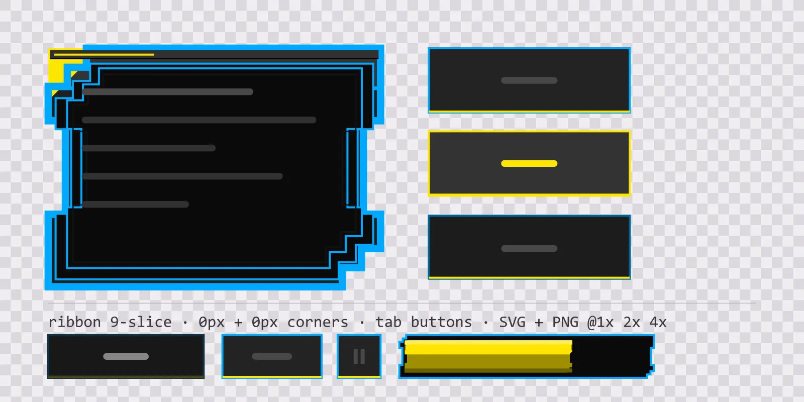Y2K poster game menu panel with a signal yellow title strip and a recessed list area, next to a column showing the same tab button in default, outlined hover and pushed-in pressed states