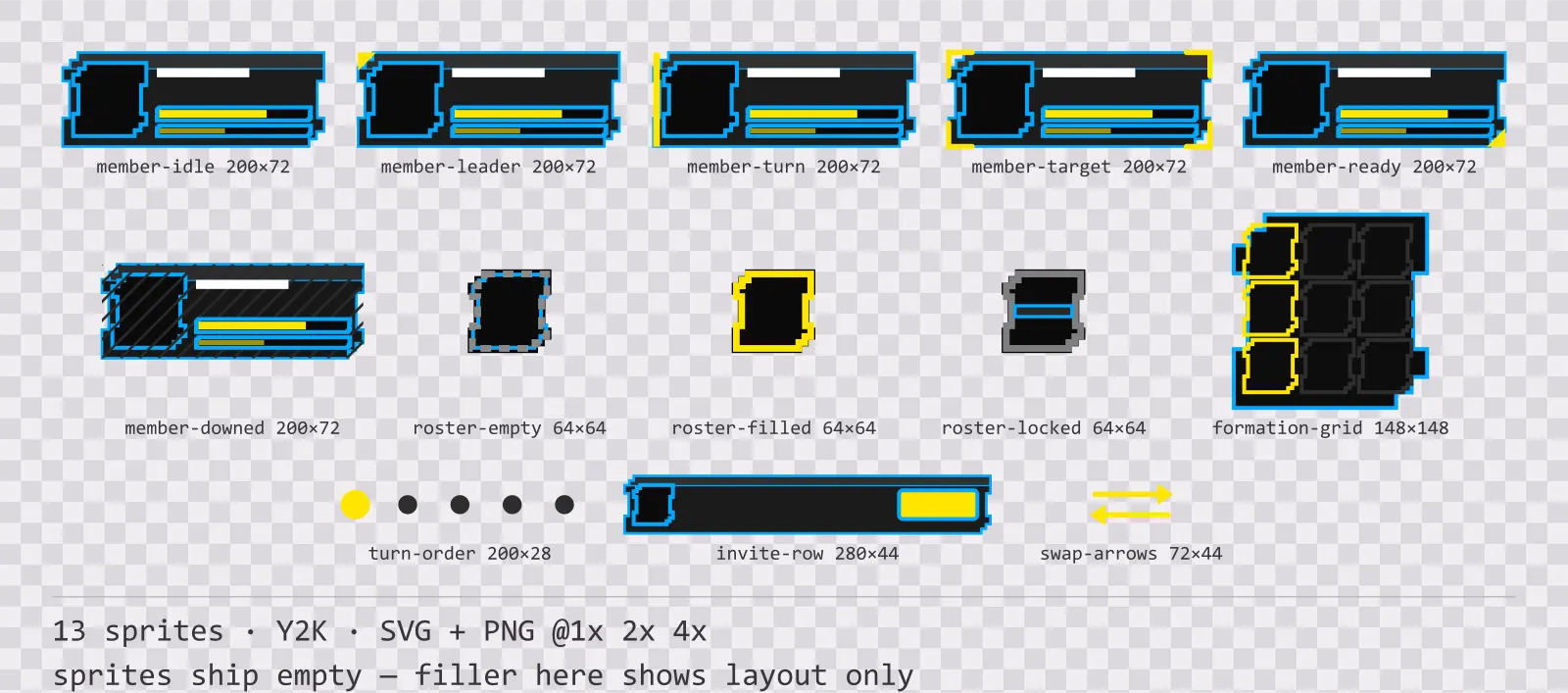 Sheet showing 13 Y2K party and roster widgets from the Bitrush family, arranged on a transparency checkerboard with their pixel sizes printed underneath