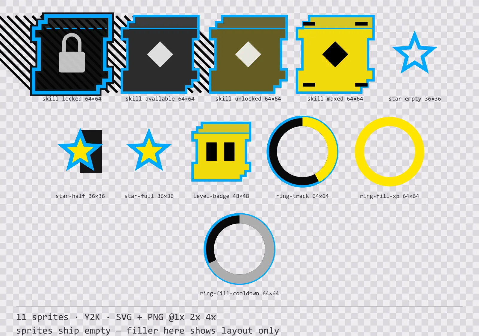 Sheet showing 11 Y2K progression and reward components from the Bitrush family, arranged on a transparency checkerboard with their pixel sizes printed underneath