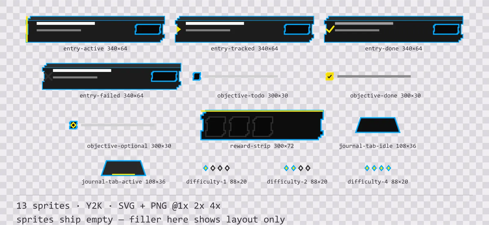 Sheet showing 13 Y2K quest log and objective widgets from the Bitrush family, arranged on a transparency checkerboard with their pixel sizes printed underneath