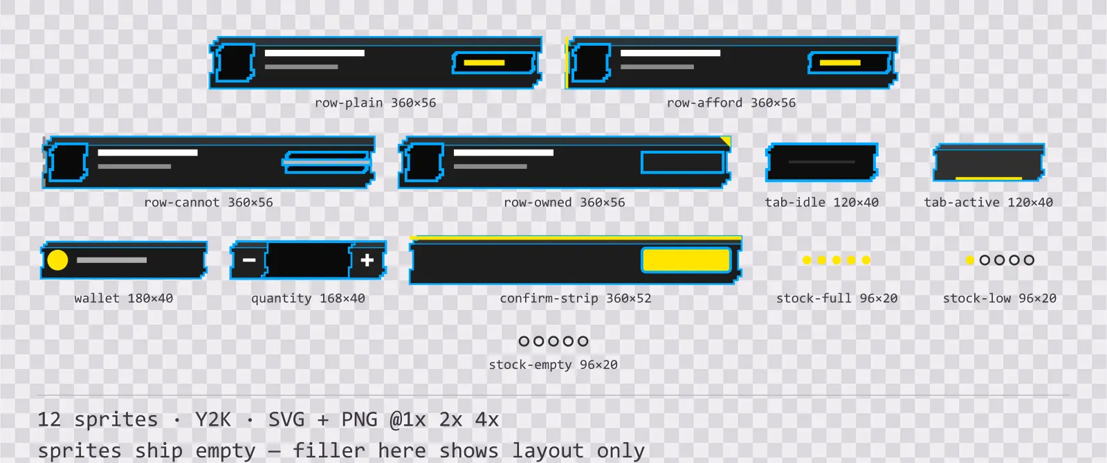 Sheet showing 12 Y2K shop and economy widgets from the Bitrush family, arranged on a transparency checkerboard with their pixel sizes printed underneath