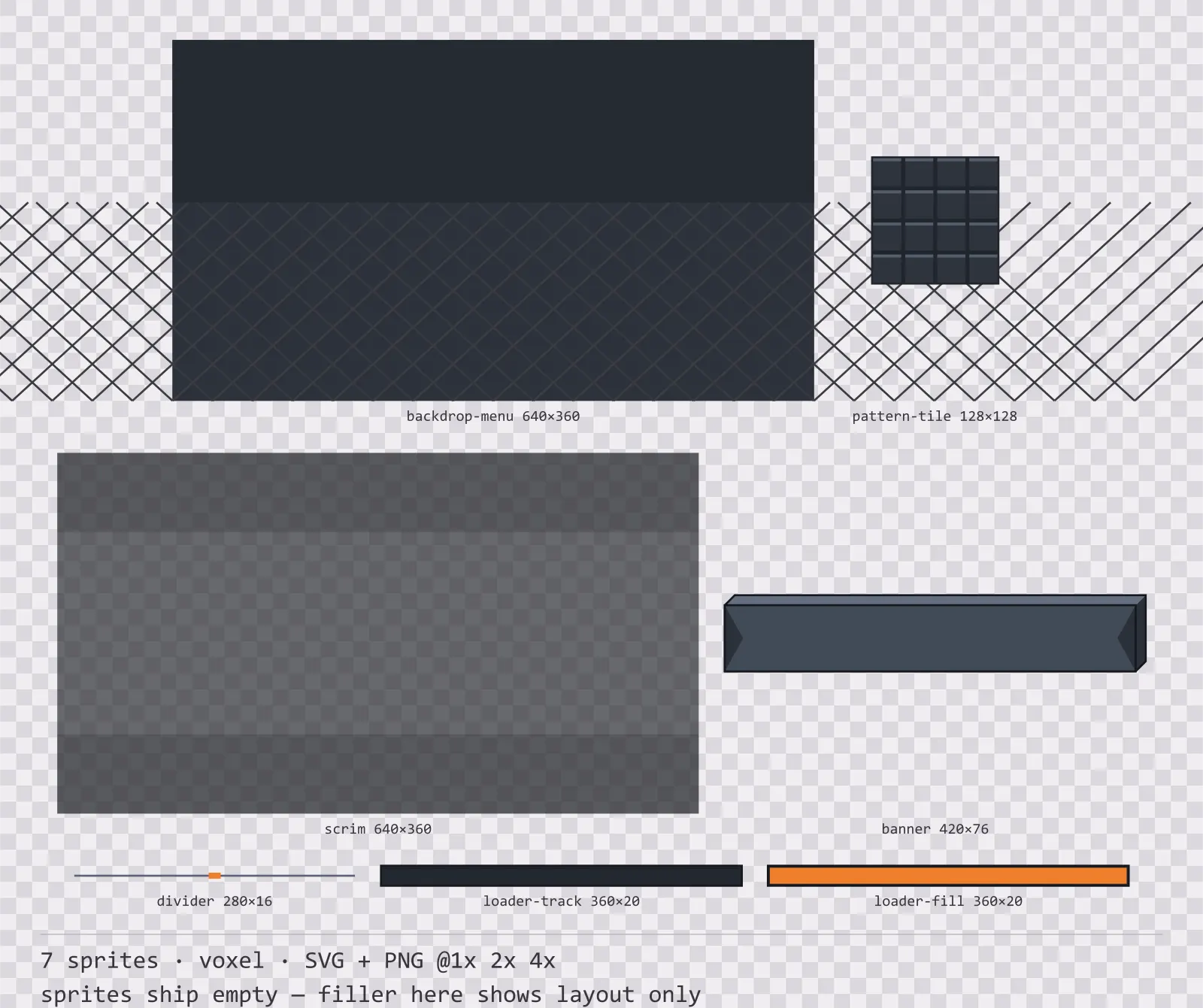 Sheet showing 7 voxel background and overlay pieces from the Blocks family, arranged on a transparency checkerboard with their pixel sizes printed underneath