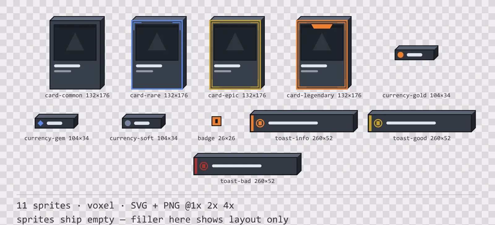 Sheet showing 11 voxel card, currency and notification components from the Blocks family, arranged on a transparency checkerboard with their pixel sizes printed underneath