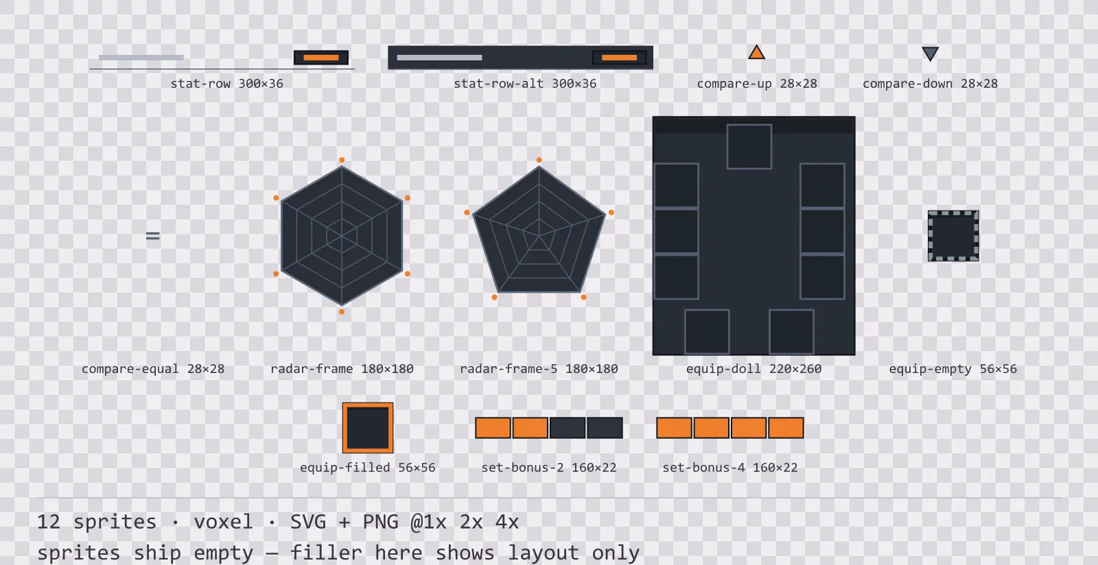 Blatt mit 12 Charakterbogen- und Werte-Elemente (Voxel) aus der Familie Blocks, angeordnet auf einem Transparenz-Schachbrett, mit den Pixelmaßen darunter