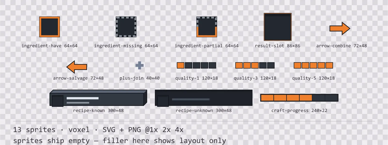 Sheet showing 13 voxel crafting and recipe widgets from the Blocks family, arranged on a transparency checkerboard with their pixel sizes printed underneath