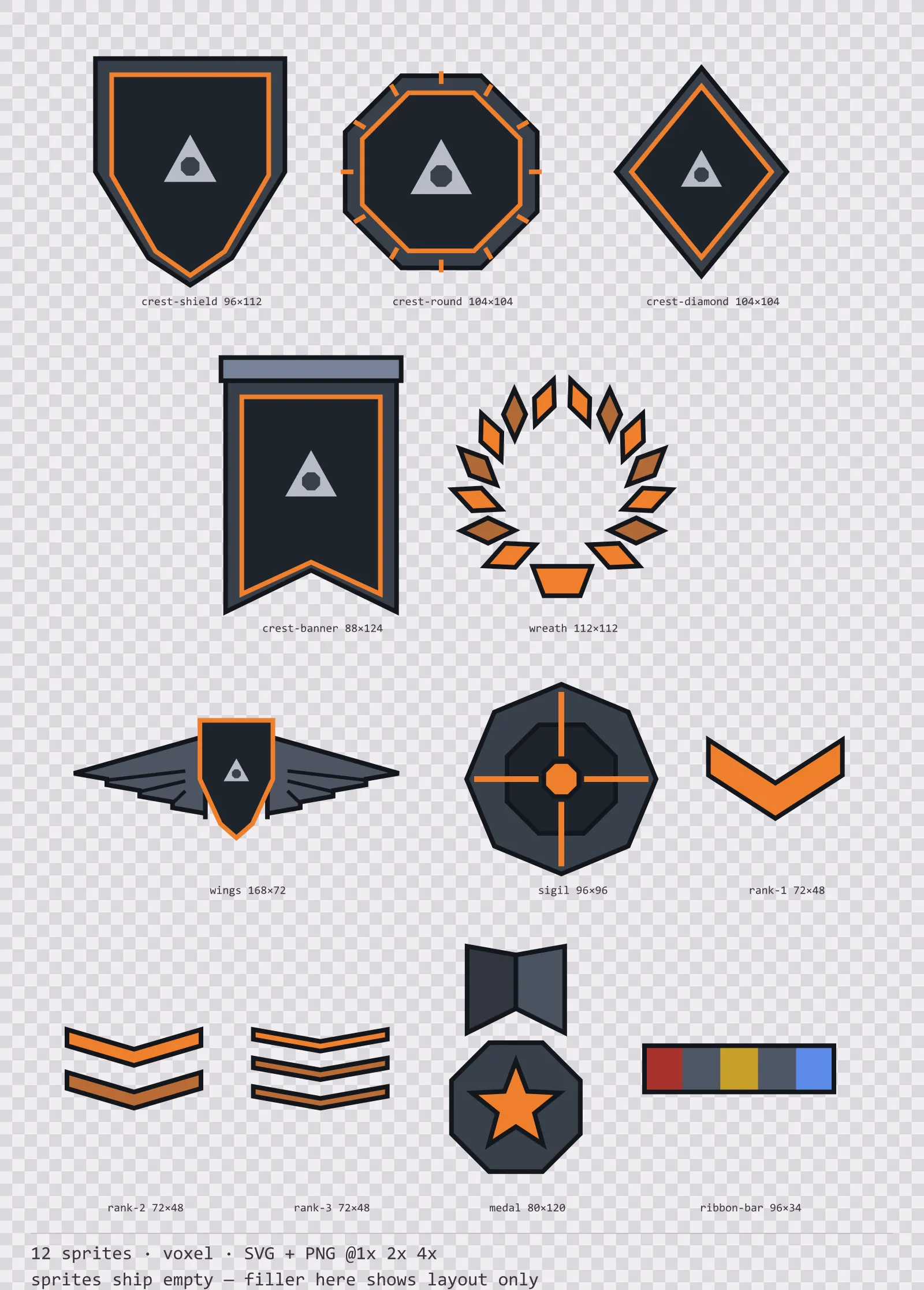 Sheet showing 12 voxel crests, insignia and rank marks from the Blocks family, arranged on a transparency checkerboard with their pixel sizes printed underneath