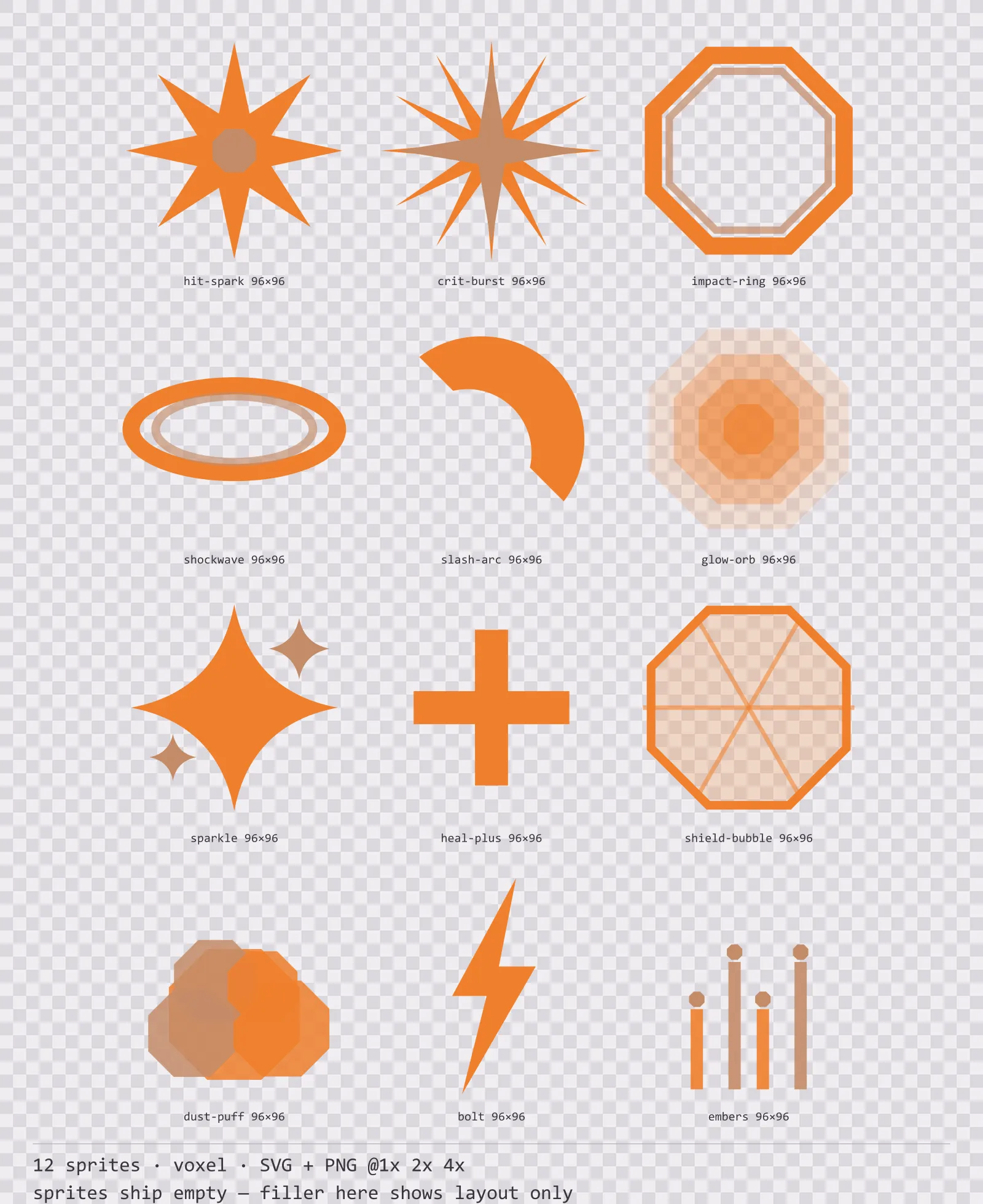 Sheet showing 12 voxel impact and effect sprites from the Blocks family, arranged on a transparency checkerboard with their pixel sizes printed underneath