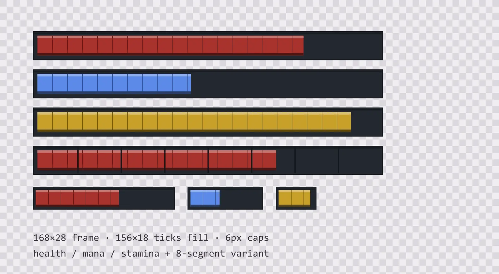 Three horizontal game status bars stacked on a checkerboard background, filled to different levels for health, mana and stamina, with a segmented 8-notch bar and three smaller bars beneath them