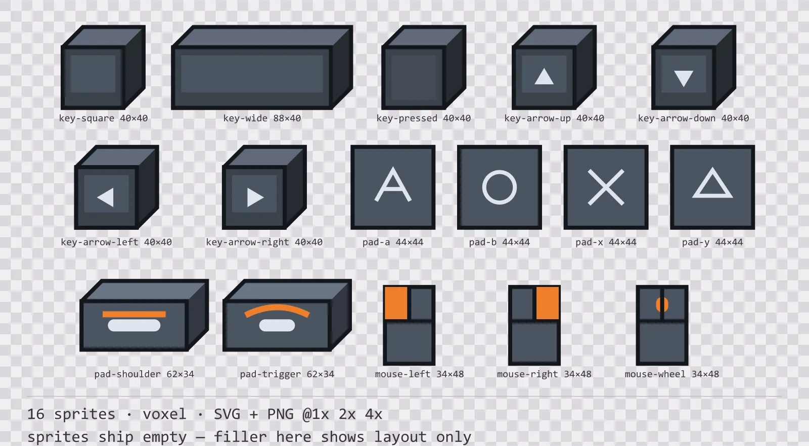Sheet showing 16 voxel input prompt sprites from the Blocks family, arranged on a transparency checkerboard with their pixel sizes printed underneath