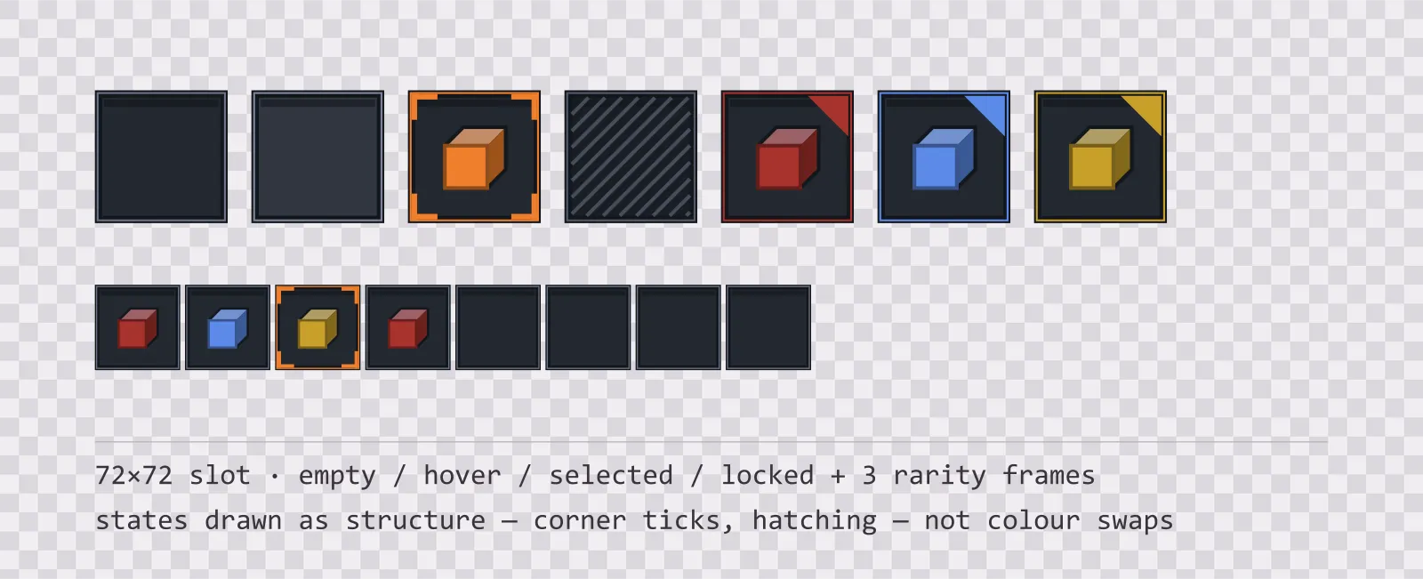A row of square game inventory slots on a checkerboard background showing empty, hover, selected with corner ticks, and diagonally hatched locked states, followed by coloured rarity frames and a tiled eight-slot grid