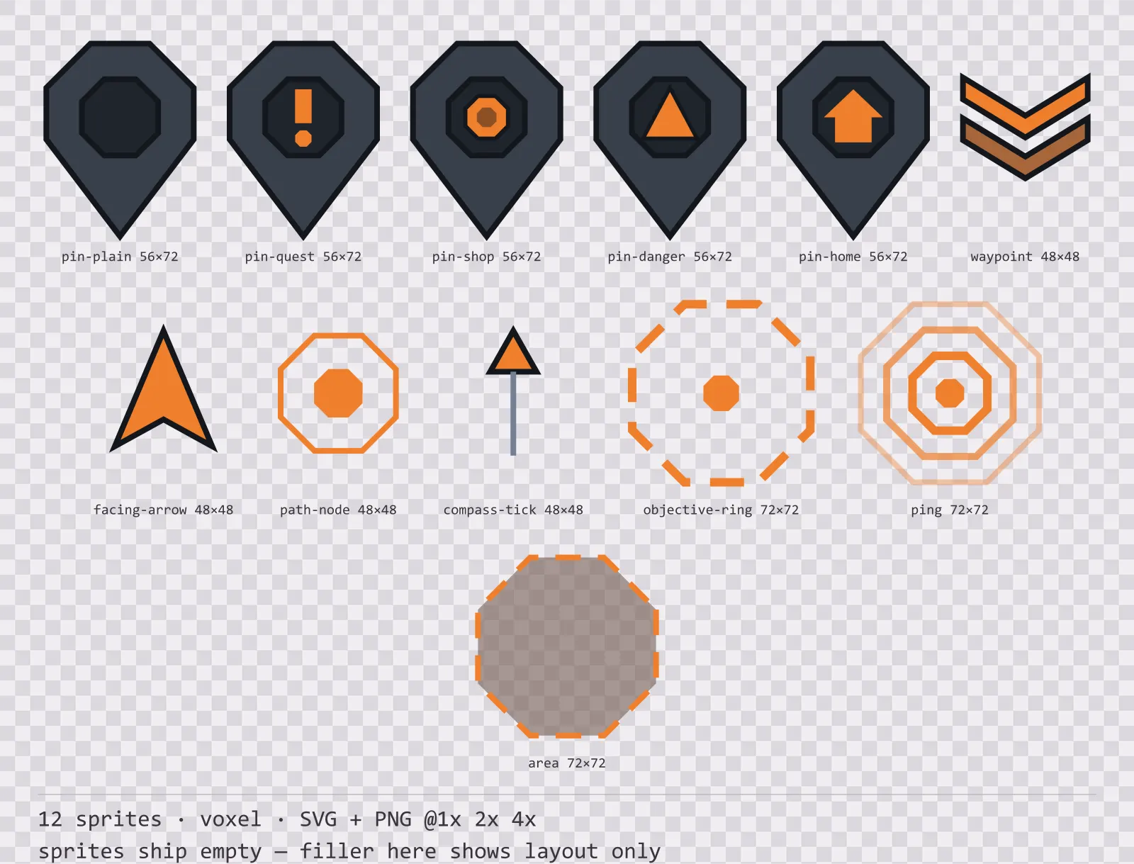 Sheet showing 12 voxel map markers and world indicators from the Blocks family, arranged on a transparency checkerboard with their pixel sizes printed underneath
