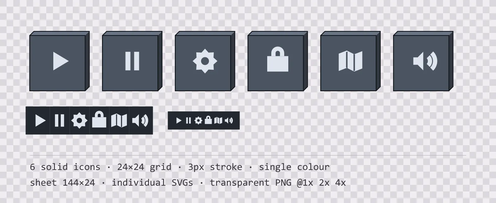 Six solid game menu icons on chunky voxel tiles, shown large, laid out on a sheet grid, and again at actual 24 pixel size