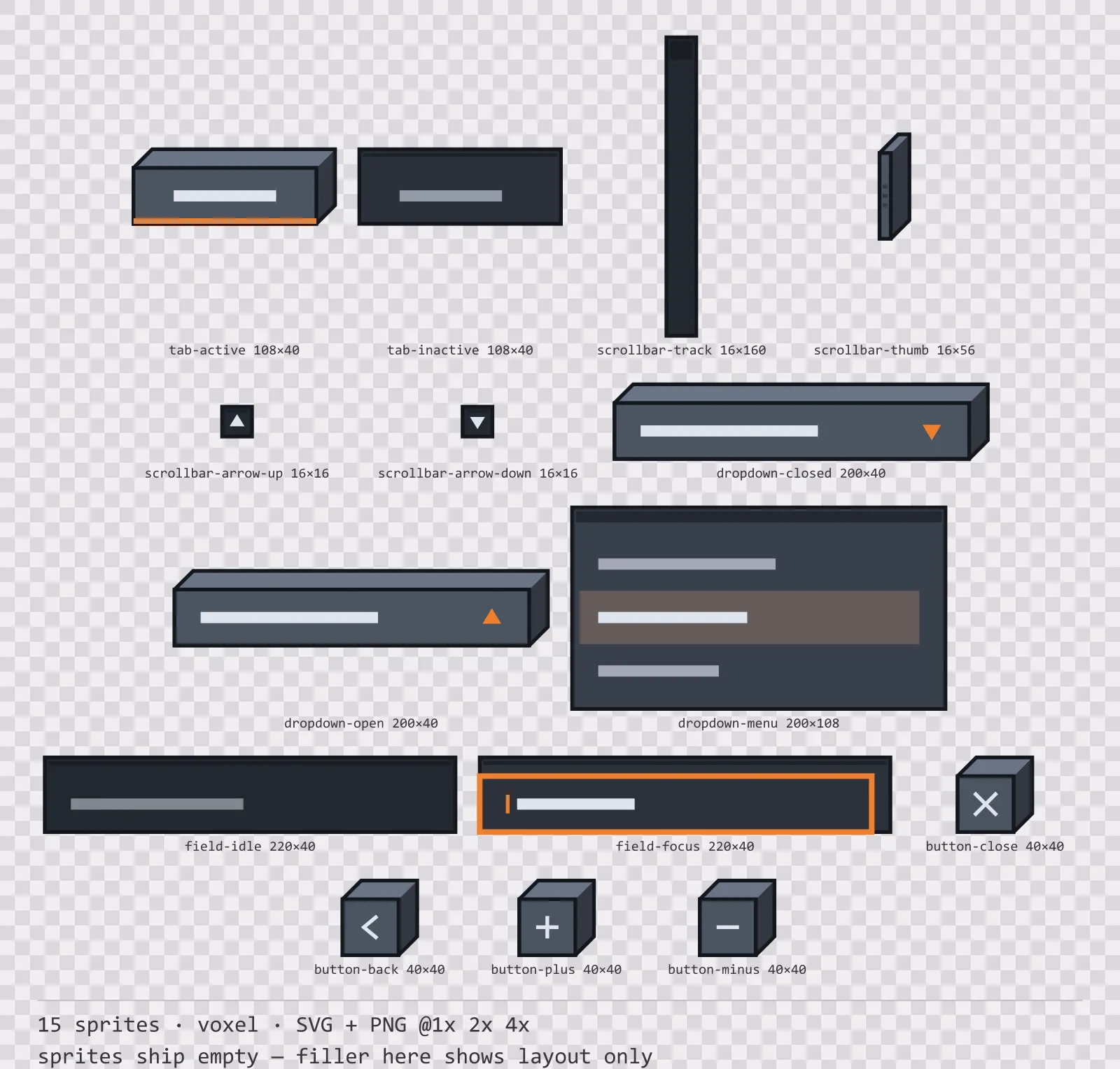 Sheet showing 15 voxel navigation and input components from the Blocks family, arranged on a transparency checkerboard with their pixel sizes printed underneath