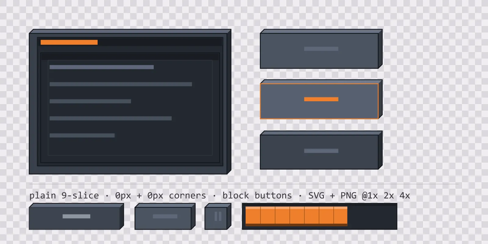 chunky voxel game menu panel with a signal orange title strip and a recessed list area, next to a column showing the same square button in default, outlined hover and pushed-in pressed states