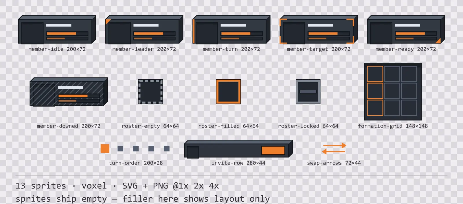 Sheet showing 13 voxel party and roster widgets from the Blocks family, arranged on a transparency checkerboard with their pixel sizes printed underneath
