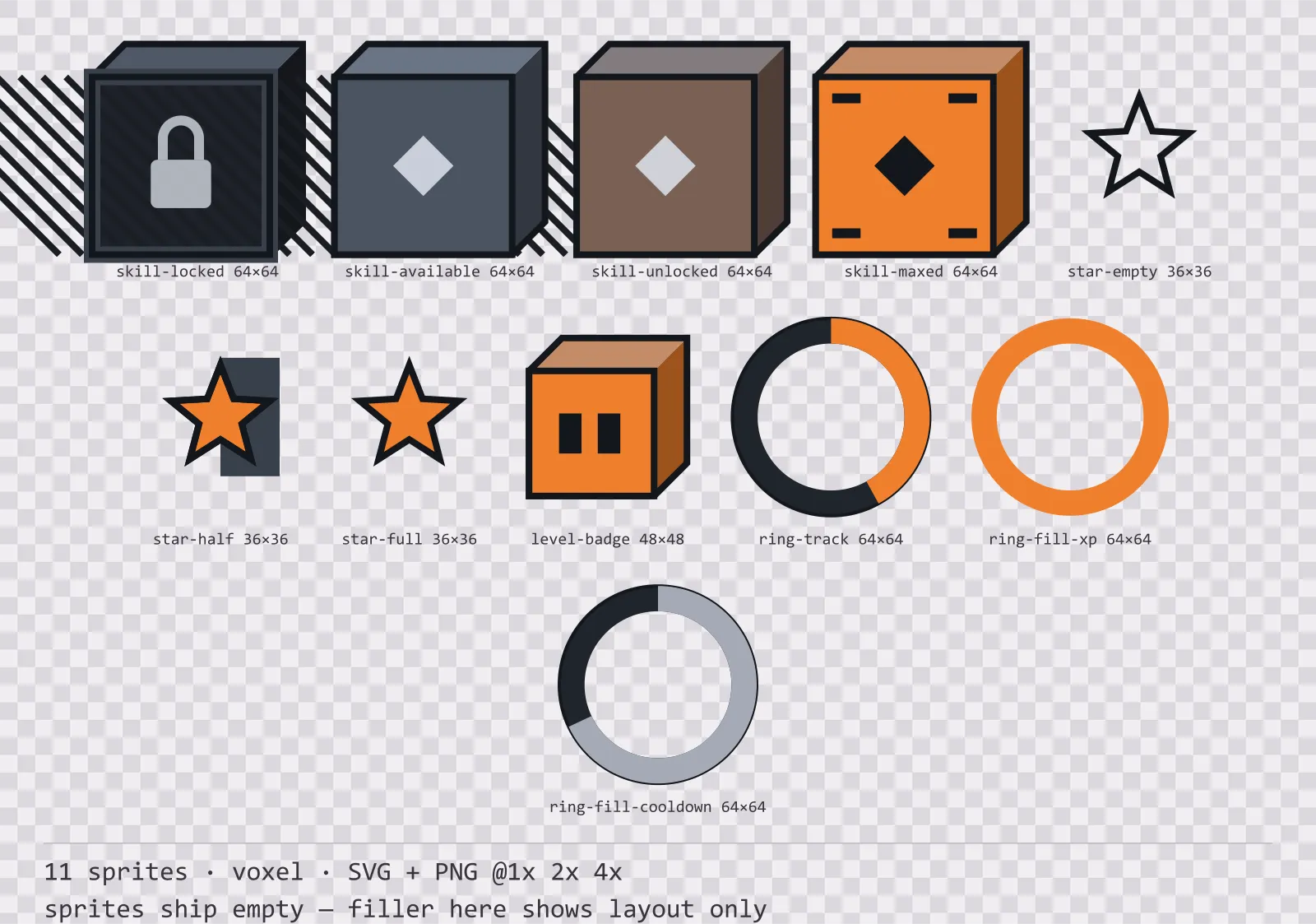 Sheet showing 11 voxel progression and reward components from the Blocks family, arranged on a transparency checkerboard with their pixel sizes printed underneath