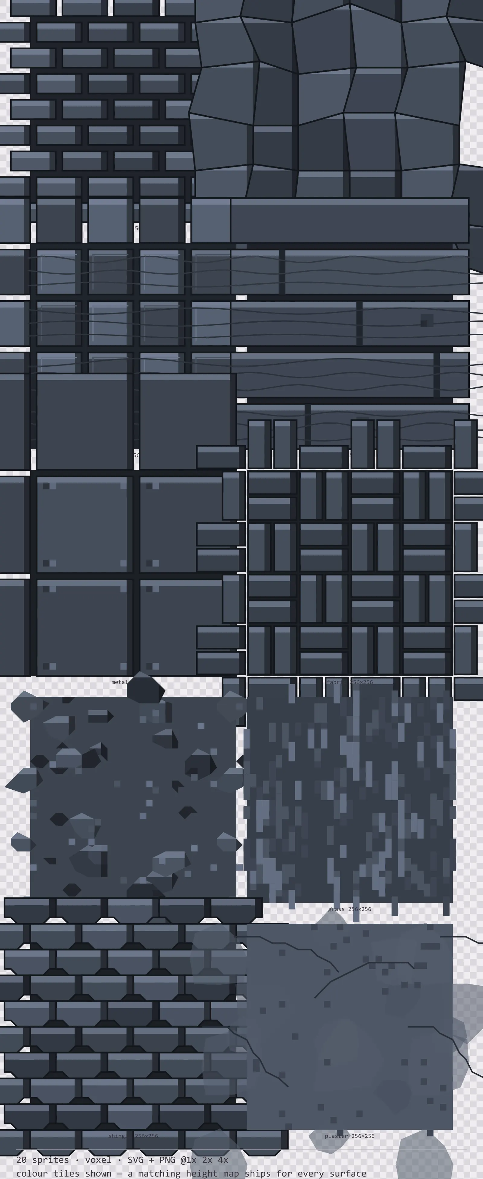 Sheet showing 20 voxel tiling surface textures from the Blocks family, arranged on a transparency checkerboard with their pixel sizes printed underneath