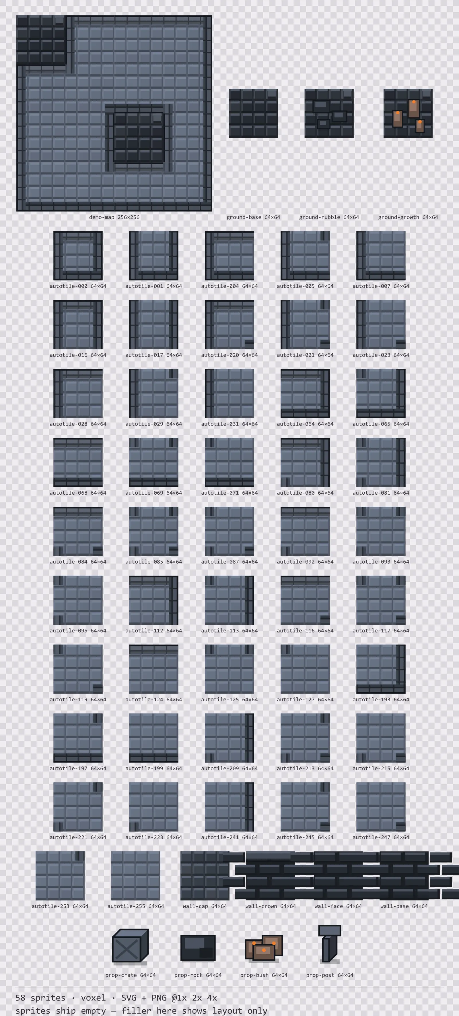 Sheet showing 58 voxel tiles from the Blocks family, arranged on a transparency checkerboard with their pixel sizes printed underneath