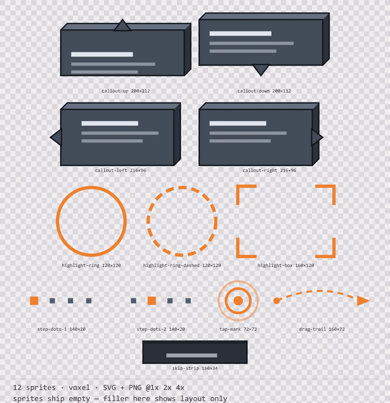 Sheet showing 12 voxel tutorial and onboarding markers from the Blocks family, arranged on a transparency checkerboard with their pixel sizes printed underneath