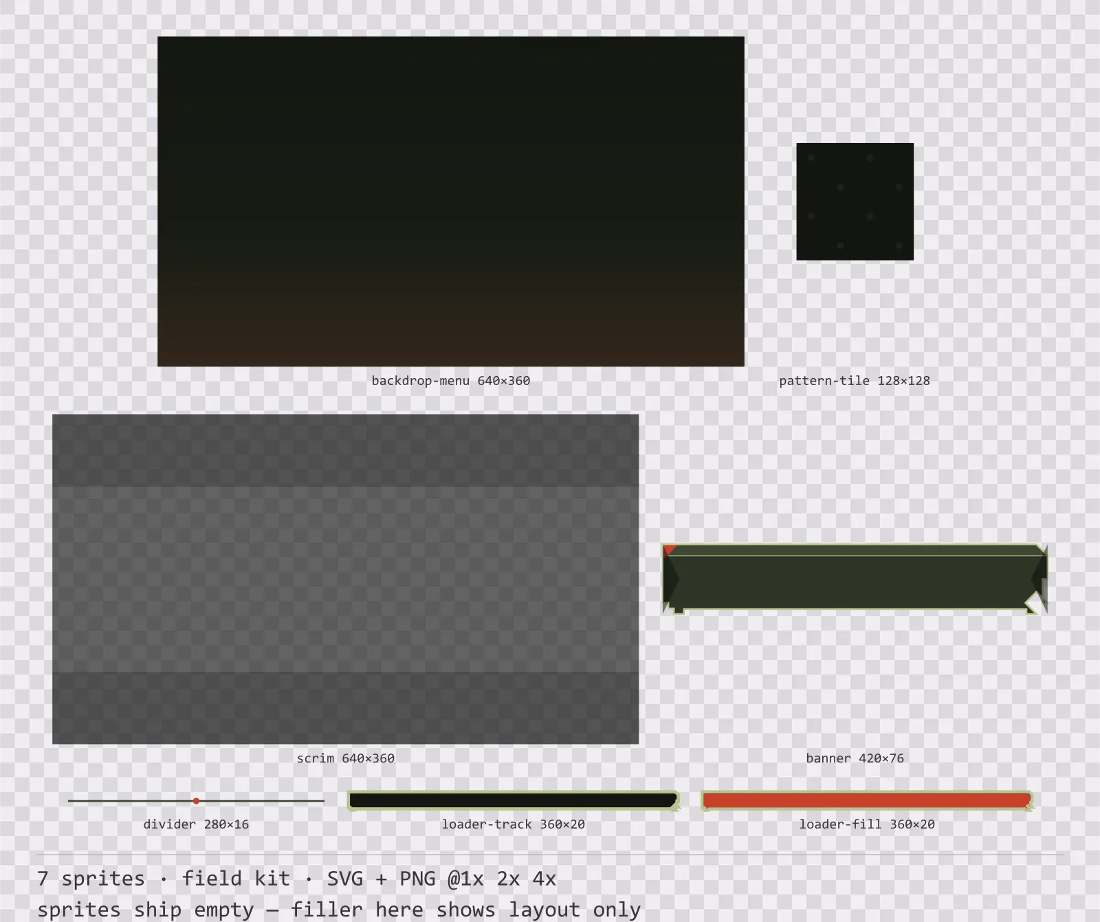 Sheet showing 7 field kit background and overlay pieces from the Bunker family, arranged on a transparency checkerboard with their pixel sizes printed underneath