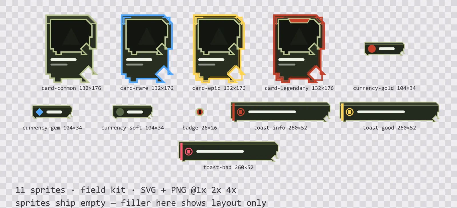 Sheet showing 11 field kit card, currency and notification components from the Bunker family, arranged on a transparency checkerboard with their pixel sizes printed underneath