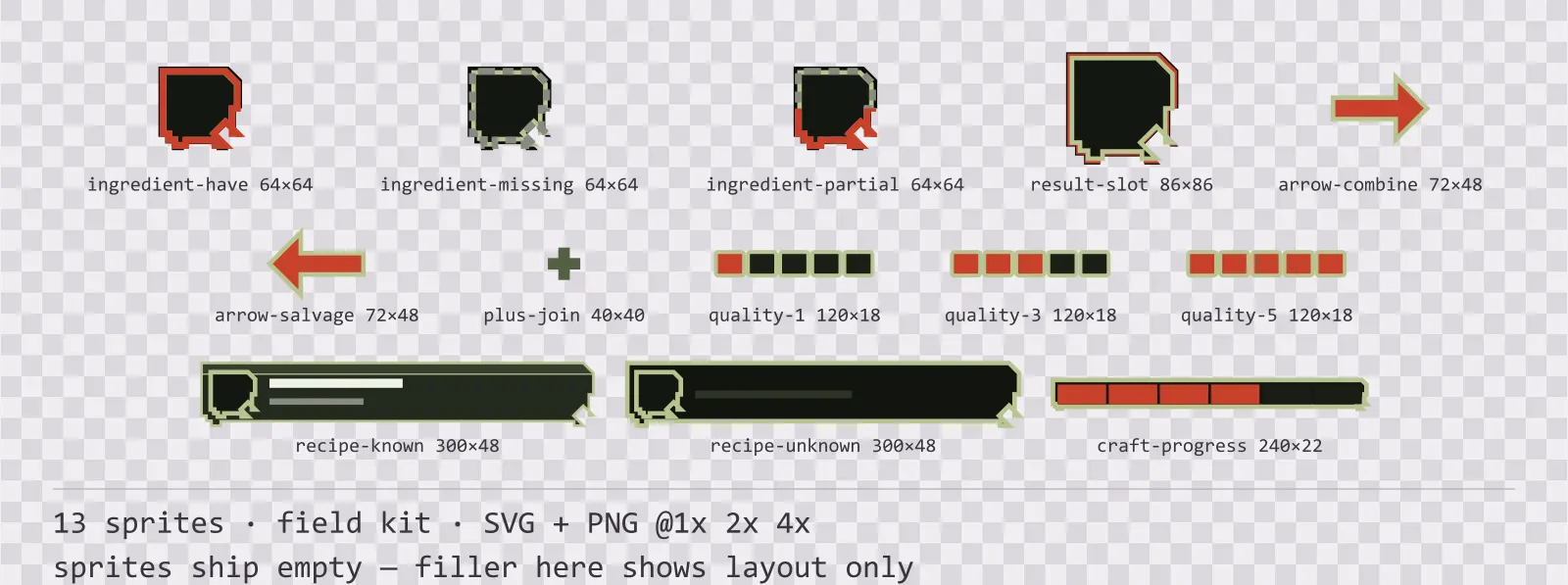 Sheet showing 13 field kit crafting and recipe widgets from the Bunker family, arranged on a transparency checkerboard with their pixel sizes printed underneath