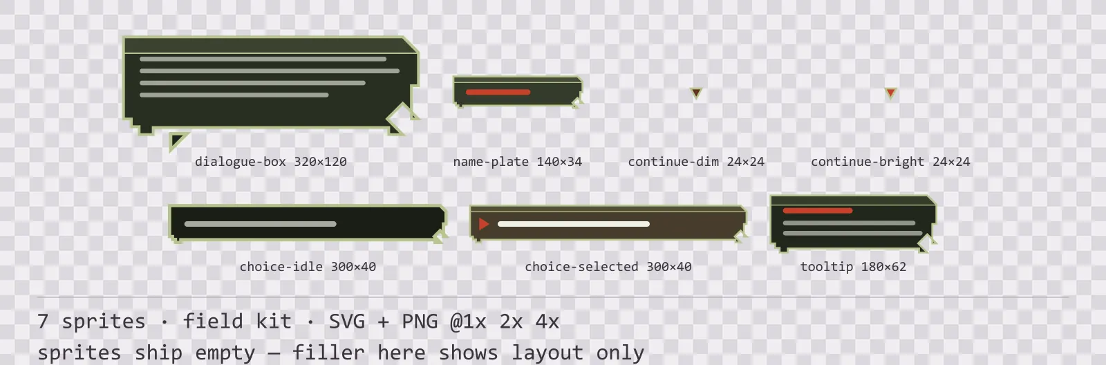 Sheet showing 7 field kit dialogue components from the Bunker family, arranged on a transparency checkerboard with their pixel sizes printed underneath