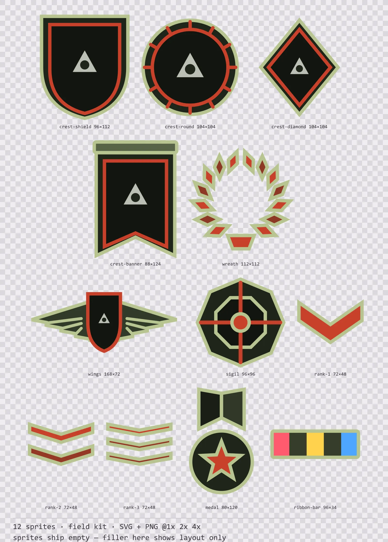 Sheet showing 12 field kit crests, insignia and rank marks from the Bunker family, arranged on a transparency checkerboard with their pixel sizes printed underneath